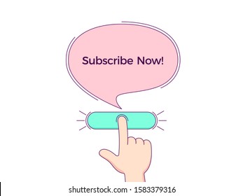 Call to action with text Subscribe Now. Cartoon human hand push the button by forefinger, bubble tooltip with phrase explaining CTA button. Vector minimalistic illustration