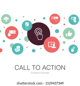 Call To Action trendy circle template with simple icons. Contains such elements as download, click here, subscribe