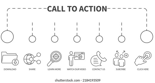 concepto de Ilustración vectorial de llamada a acción. Cartel con iconos y palabras clave . símbolo de llamada a acción elementos vectores para web infográfica