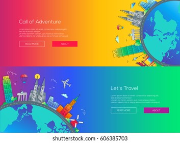 Call of Adventure, Lets travel - vector illustration of flat design web page travel banners set with famous landmarks icons and copy space