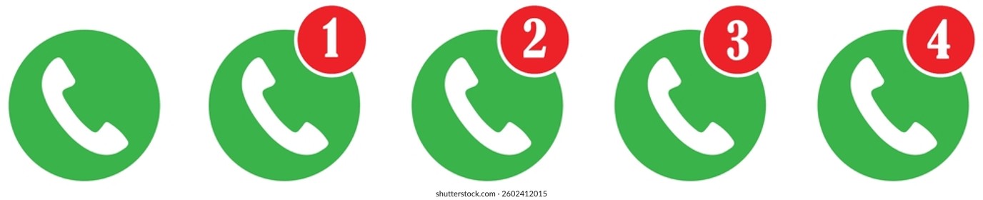Call alert icon set showing phone symbols with numbered notification badges from one to four, indicating incoming call alerts and message prompts.