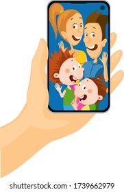 Call to all Family - Mobile phone in Hand - Vector Illustration