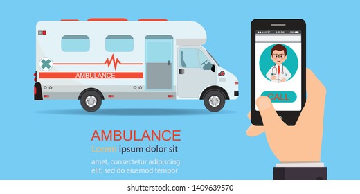 Call ambulance car via mobile phone, Smartphone in hand with doctor and ambulance car behind. concept emergency call vector illustration.