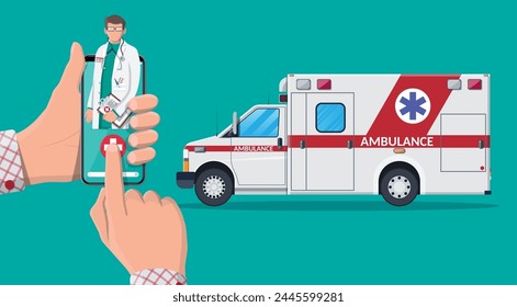 Llama a la ambulancia a través del teléfono móvil. Vehículo de la clínica de emergencia. Smartphone con doctor y camioneta médica. Salud, hospital y diagnóstico médico. Servicios de urgencia. Ilustración vectorial plana