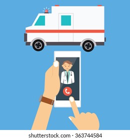 Call Ambulance Car Via Mobile Phone Medical Paramedic Emergency Vector Illustration 