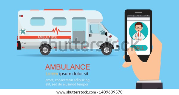 Call ambulance car via mobile phone,\
Smartphone in hand with doctor and ambulance car behind. concept\
emergency call vector\
illustration.