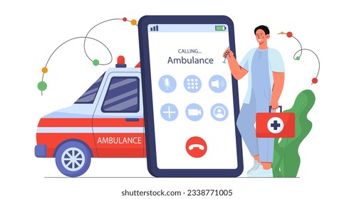 Call in ambulance concept. Man in medical uniform with first aid box in front of car. Doctor diagnoses and treats patients. Young guy with medicines and drugs. Cartoon flat vector illustration