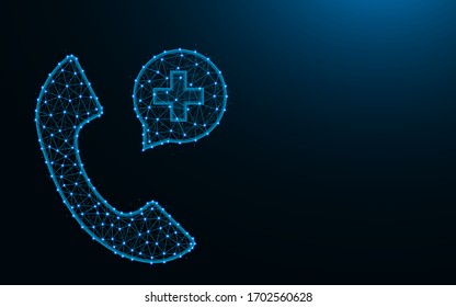 Call an ambulance or doctor made from points and lines on dark blue background, Emergency call wireframe mesh polygonal vector illustration