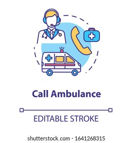 Call ambulance, first aid concept icon. Life saving, medical service, consultation, emergency call thin line illustration. Vector isolated outline RGB color drawing. Editable stroke