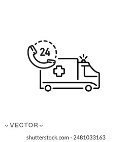 call an ambulance icon, emergency medical support, hotline healthcare, thin line symbol isolated on white background, editable stroke eps 10 vector illustration