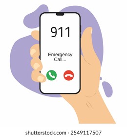 Call ambulance via mobile phone device, emergency call 911 concept illustration flat design vector icon.