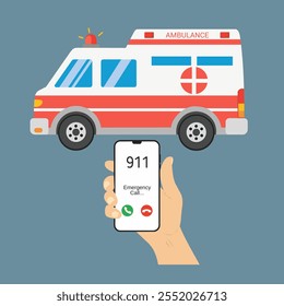 call ambulance via mobile phone device, emergency call 911 concept illustration flat design vector icon