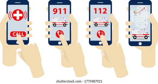 Call an ambulance,tracking movement of car on map on screen of smartphone in hands. Set of illustrations on white background. Concept for application, mobile site, business, medical center, emergency