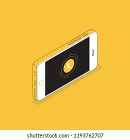 Call Application on Phone Screen. Laconic Line Isometric Illustration on Yellow Background