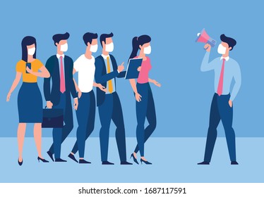 The call to avoid crowded places. A young man in a medical mask stands apart from a group of people with loudspeaker. The concept of the fight against the new virus COVID-2019