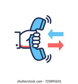 Call Back - modern vector single line design icon. An image of a hand holding a phone, two arrows, blue and red colors, white background. Support service presentation.