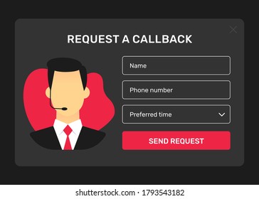 Call back request web form with the man speaking through the headphones. Good design concept. Vector flat illustration. Very easy to edit.