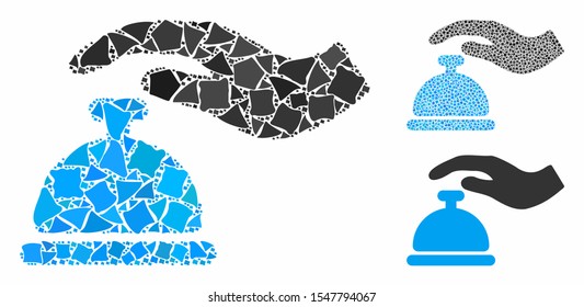 Call bell mosaic of uneven items in various sizes and shades, based on call bell icon. Vector humpy items are united into collage. Call bell icons collage with dotted pattern.