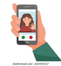 Llamadas entre personas a través del teléfono de Internet - comunicación en línea. Mano sosteniendo el teléfono.
