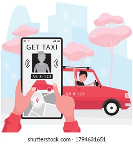 Call to book a taxi online by smartphone feature hand holding phone in front of red car