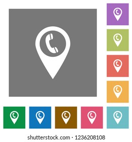 Call box GPS map location flat icons on simple color square backgrounds