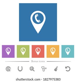 Call box GPS map location flat white icons in square backgrounds. 6 bonus icons included.