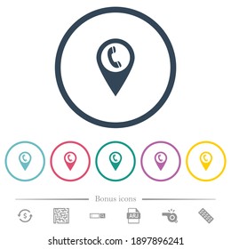 Call box GPS map location flat color icons in round outlines. 6 bonus icons included.
