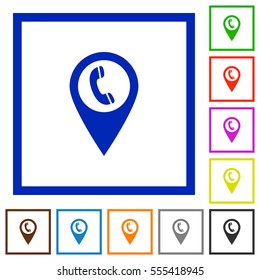 Call box GPS map location flat color icons in square frames on white background