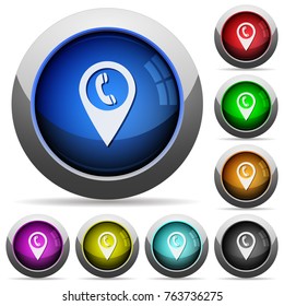 Call box GPS map location icons in round glossy buttons with steel frames