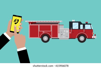 call calling firefighters someone hold phone and firefighter truck