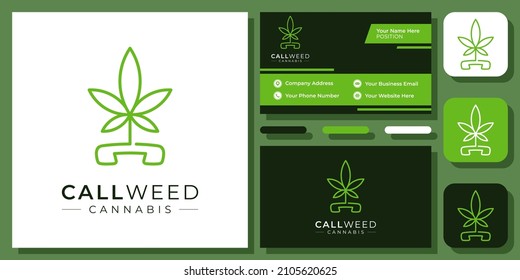 Call Cannabis Phone Botanical Weed Plant Drug Eco Leaf Nature Vector Logo Design with Business Card