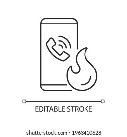 Call in case of emergency linear icon. Smartphone for contacting urgent services. Fire safety. Thin line customizable illustration. Contour symbol. Vector isolated outline drawing. Editable stroke