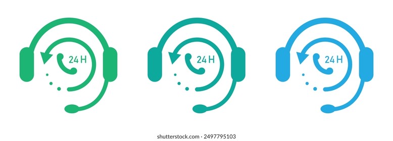 Call center 24 hours icon with headset, Operator customer support symbol, Help center, Technical social support, All day business and service, Vector design illustration
