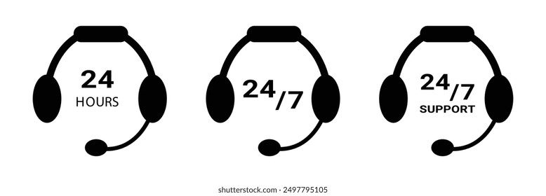 Call center 24 hours icon with headset, Operator customer support symbol, Help center, Technical social support, All day business and service, Vector design illustration