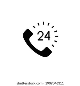 Call center 24 hours with phone. Full time service. Technical support for mobile concept and web. 24 hours service icon. Solid style. Vector illustration. Design on white background. EPS10