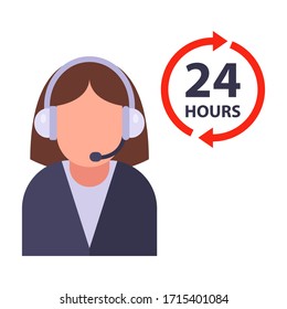 call center 24 hours. receive a call around the clock. work with clients by phone. Flat character vector illustration.