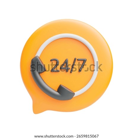 Call center 3d icon. Realistic yellow speech bubble with 24 7 text and old phone receiver. All day working, 24 hours 7 day of week phone support concept. Trendy cute vector illustration isolated