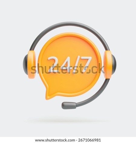 Call center 3d icon. Realistic yellow speech bubble with 24 7 text and headset around. All day working, 24 hour 7 day of week phone support concept. Trendy cute vector illustration on white background