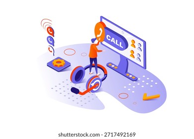 Conceito isométrico 3d de call center com design de pessoas de isometria para web. Operadores de linha direta no escritório. Operador que responde a chamadas e mensagens de clientes, assistência e ajuda técnica. Ilustração vetorial.