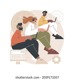 Ilustración vectorial de concepto abstracto del centro de llamadas. Manejo del sistema de llamadas, centro de ayuda virtual, punto de servicio al cliente, soporte de productos, investigación de mercado y metáfora abstracta de software de comunicación.