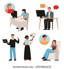 Call center activities and communication. Vector illustration set of diverse professionals using computers, headsets, and phones in various work environments. Depictions include talking, presenting