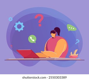 Call center administrator. Flat vector illustration. Female operator providing technical support to customers, answering hotline calls with laptop, headphones. Service, help, management concept