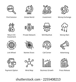 Call Center, Advertising, Find Solution, Global World, Investment, Money Exchange, Link Wheel, Market Share, Payment Option, Mind Map, 
 Outline Icons - Stroked, Vectors