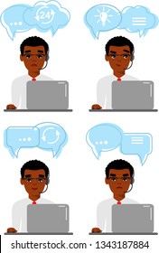 Call center african american avatar of online customer support service assistants with shopping icon. Set of african american male helpline operator with headset of various emotion expression.
