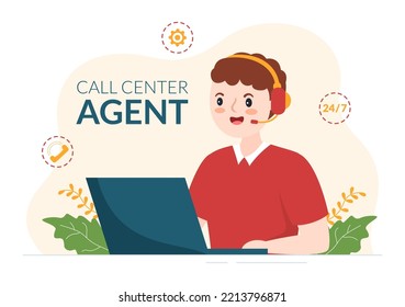 Call Center Agent of Customer Service or Hotline Operator with Headsets and Computers in Flat Cartoon Hand Drawn Templates Illustration