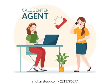Call Center Agent of Customer Service or Hotline Operator with Headsets and Computers in Flat Cartoon Hand Drawn Templates Illustration