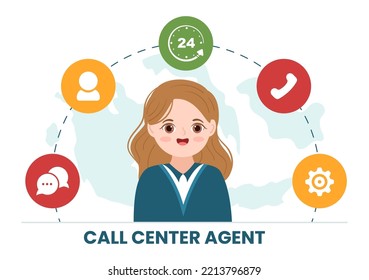 Centro de llamadas Agente de servicio al cliente o Operador de línea directa con audífonos y equipos en caricaturas planas e ilustraciones de plantillas dibujadas a mano