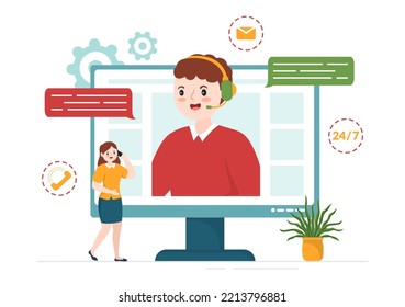 Centro de llamadas Agente de servicio al cliente o Operador de línea directa con audífonos y equipos en caricaturas planas e ilustraciones de plantillas dibujadas a mano