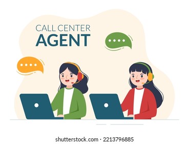 Call Center Agent of Customer Service or Hotline Operator with Headsets and Computers in Flat Cartoon Hand Drawn Templates Illustration