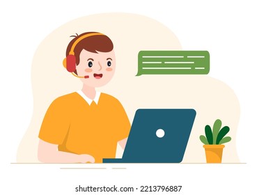 Call Center Agent of Customer Service or Hotline Operator with Headsets and Computers in Flat Cartoon Hand Drawn Templates Illustration